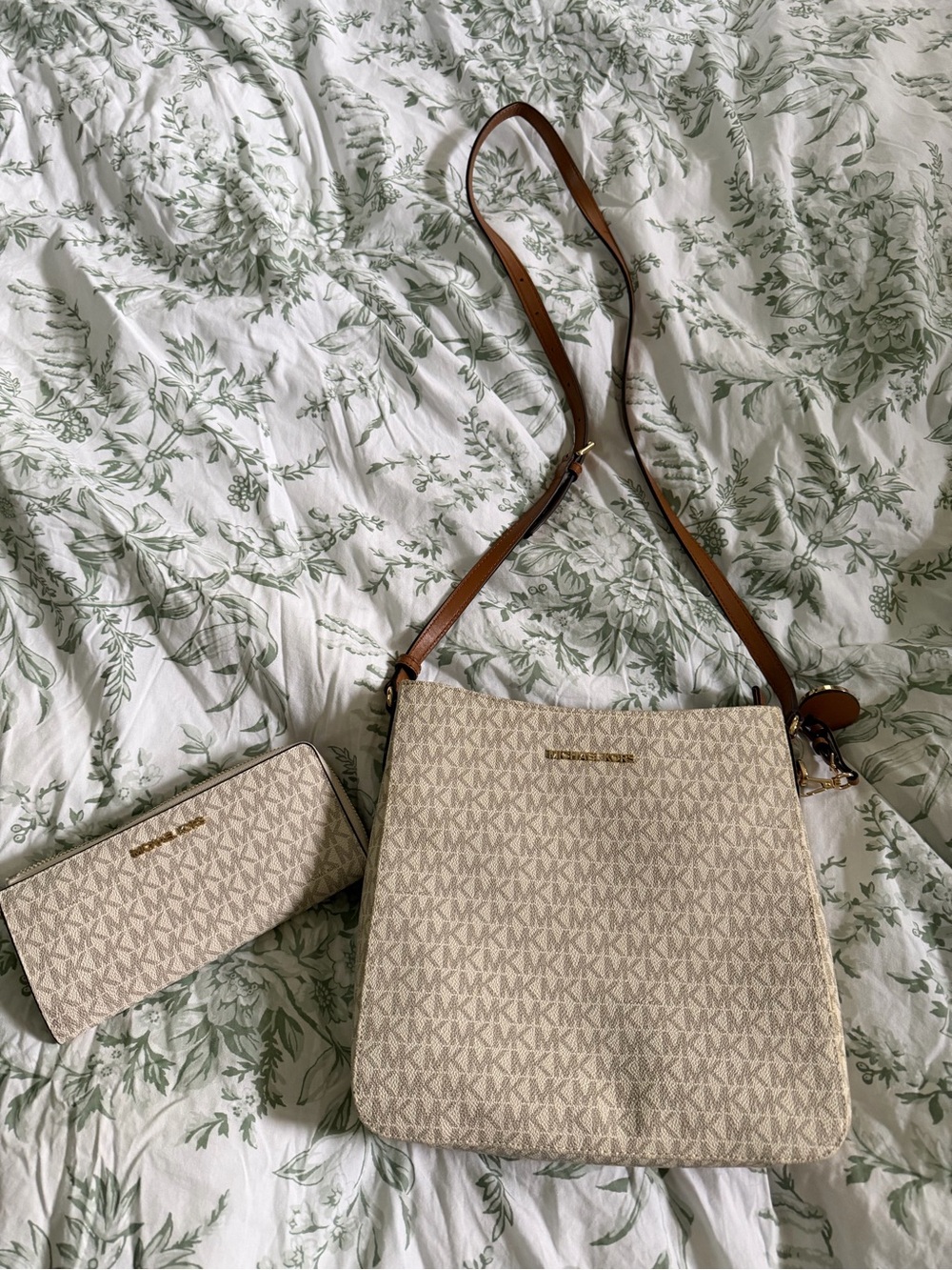 Michael Kors Beige Logo Crossbody with Brown Strap and Matching Wallet